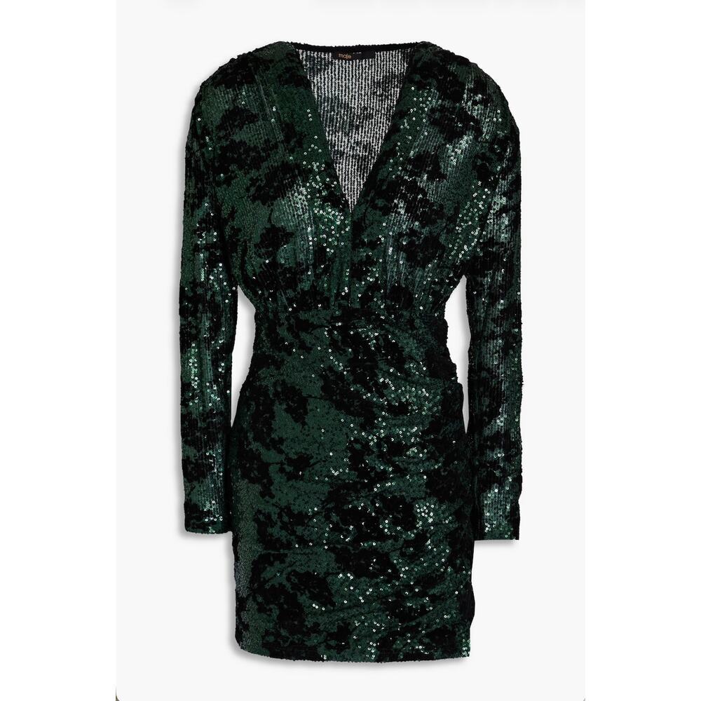 Maje Sequin-Embellished Flocked Mesh Mini Dress Size Us 6 Nwt Floral Long Sleeve